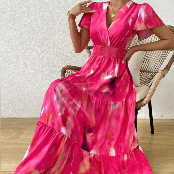 Elegant Style Tie-Dye Printed Drawstring Waist Long Dress - Picture 1 of 4